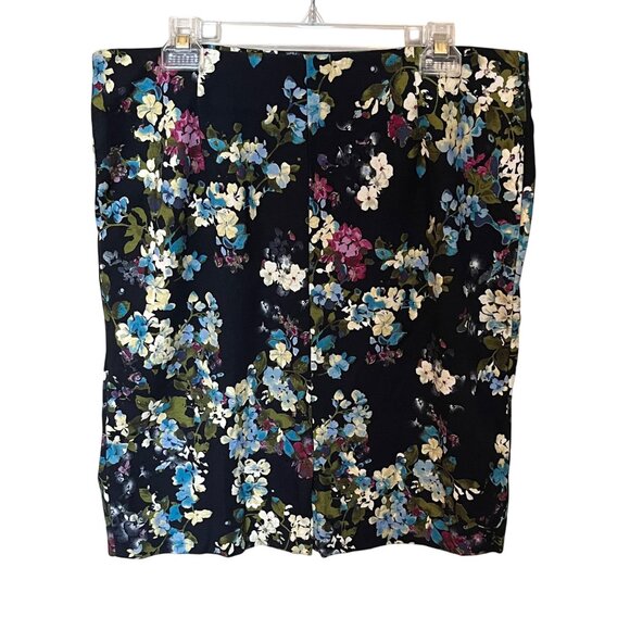 J. Jill Floral Ponte Pencil Skirt Navy Blue Floral Multicolor Midi Stretch Sz L - Picture 2 of 6